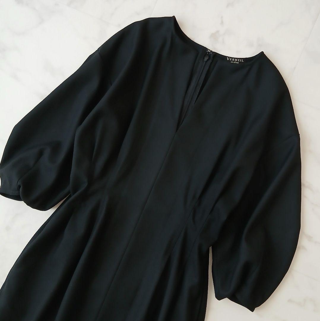 美品 ヴェルメイユパーイエナ ツイルウエストシェイプ パフスリーブワンピース S