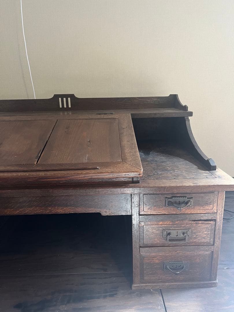 【向日葵3】こだわり文卓机　斜め天板　引き出し6個付き　ビンテージ　古民家