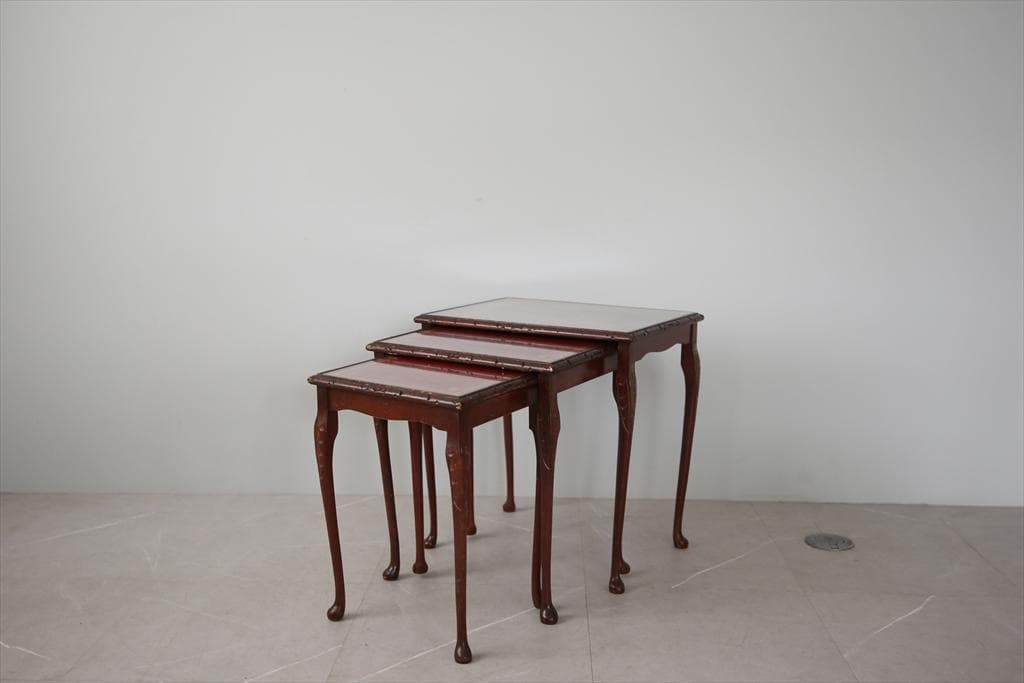 英国アンティーク猫脚ネストテーブル3台/木製机/サイドテーブル(88-83)