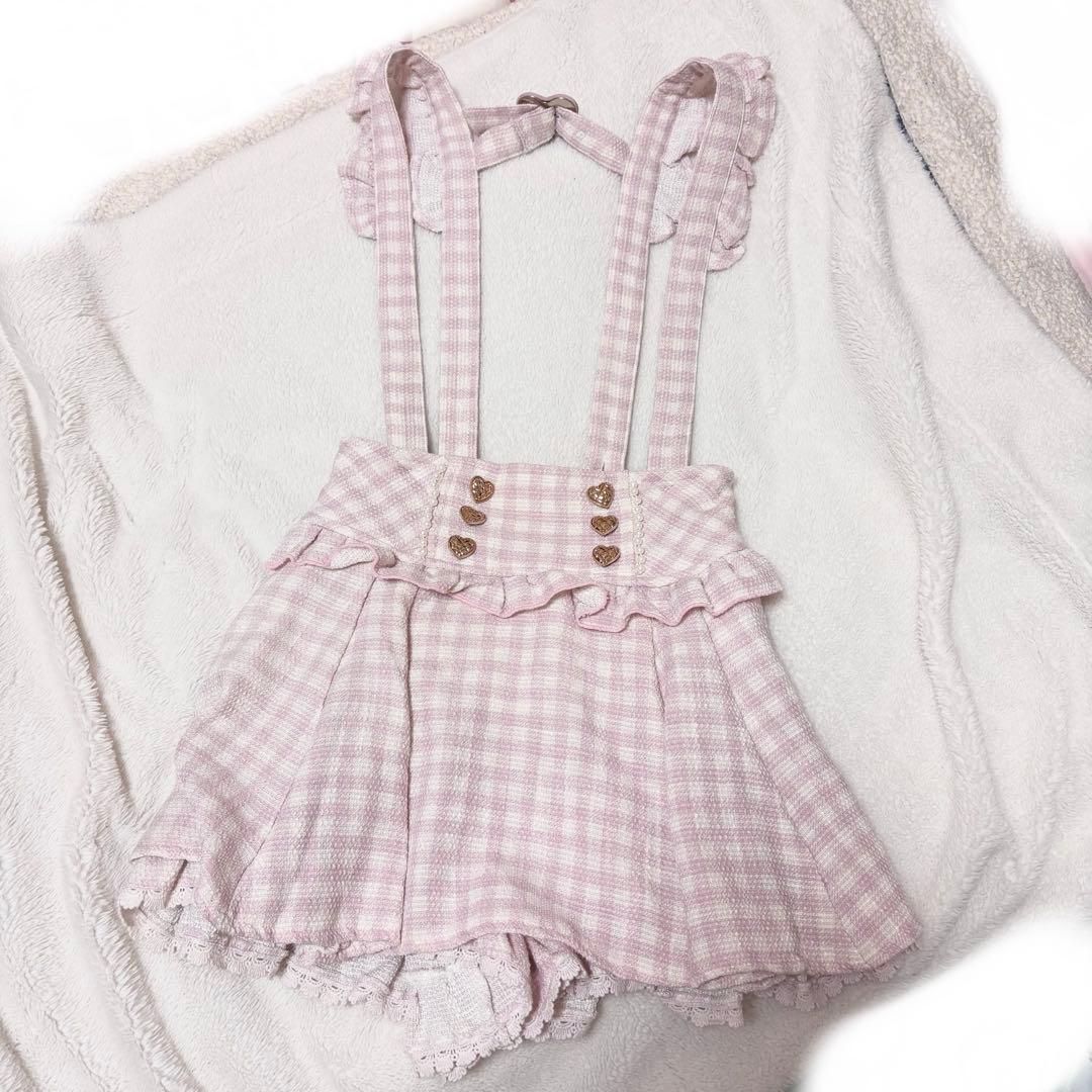 LIZLISA ギンガムツイードサスペンダー付きスカパン ピンク タグ無し