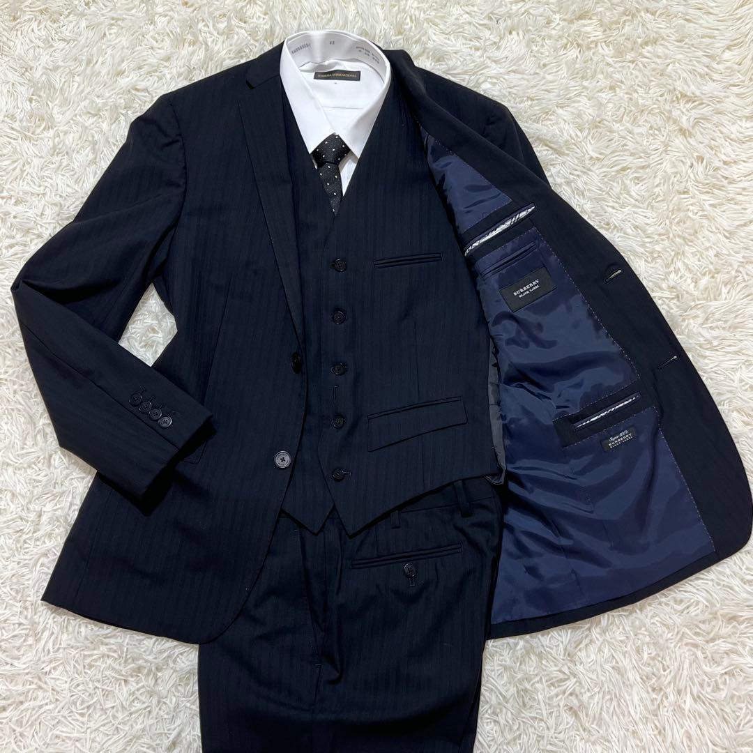 バーバリーブラックレーベル　3ピース　スーツ　セットアップ　ストライプ　黒　L