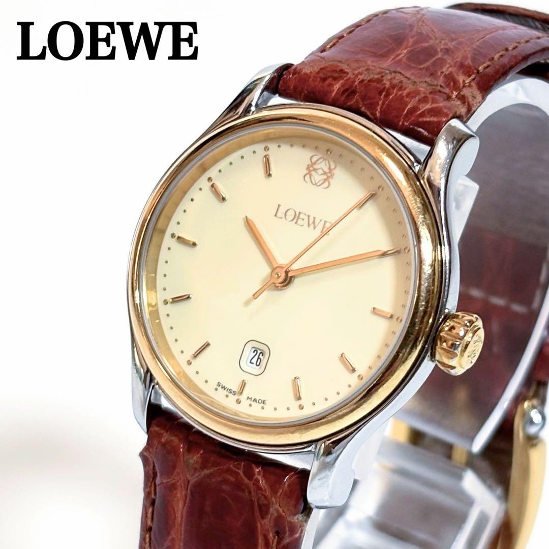 稼働品 LOEWE レディース腕時計 アナグラム デイト コンビ 純正ベルト