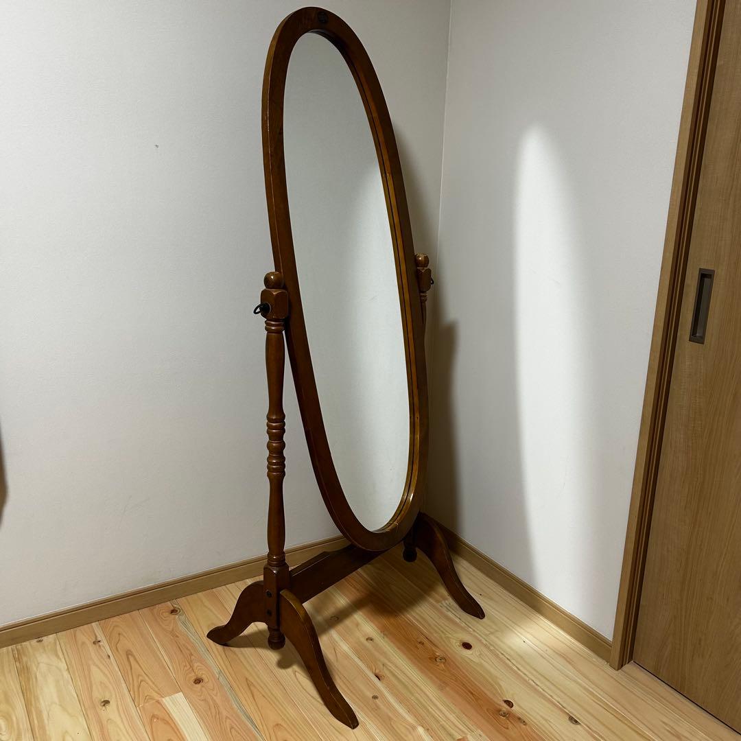 【送料込み】アンティーク姿見　天然木　スタンドミラー ブラウン　オーバル型