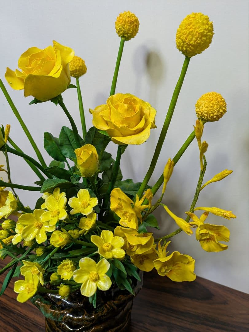 パンフラワー、黄色の花の寄植え・カラーの2点(樹脂粘土、ハンドメイド)