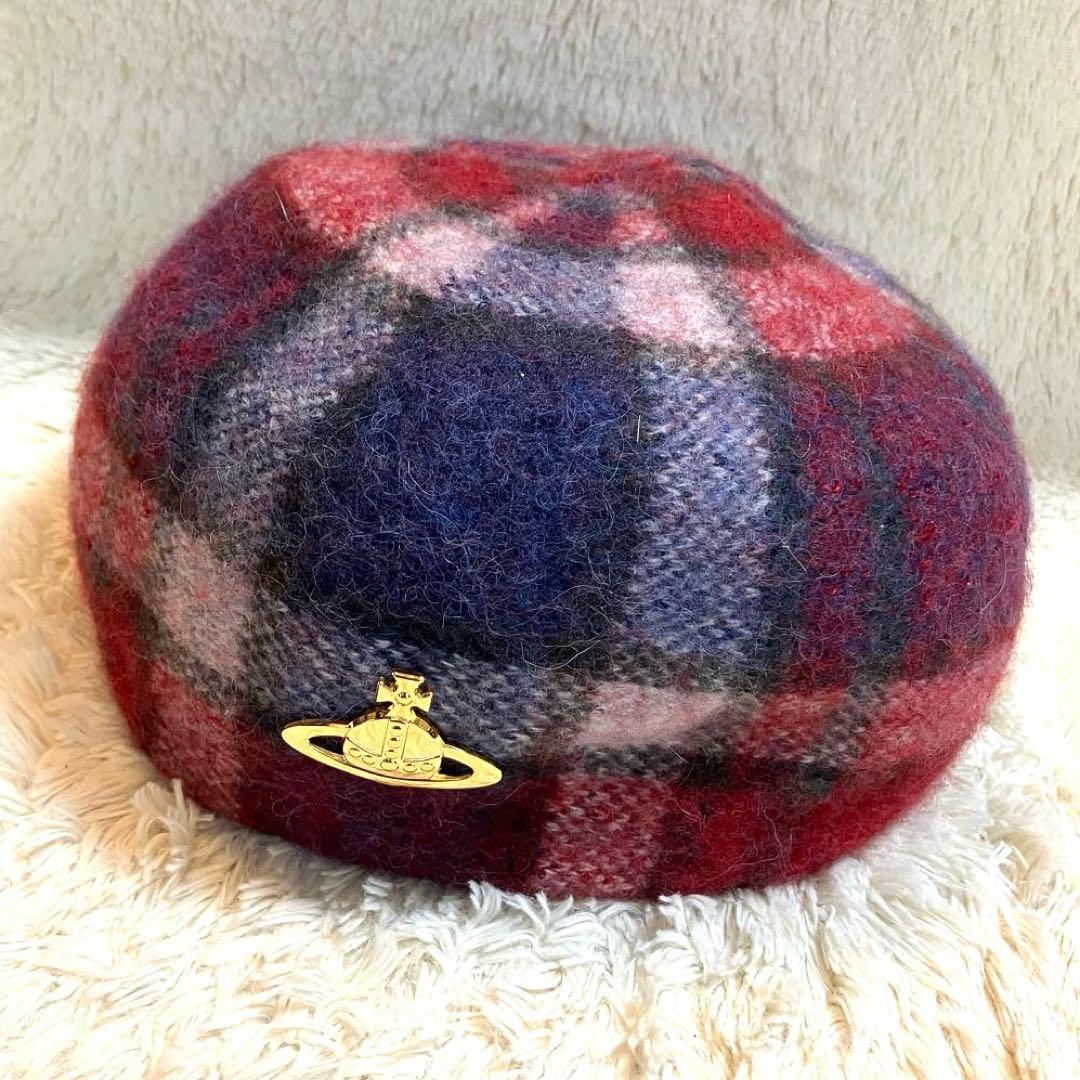 美品✨ヴィヴィアンウエストウッド チェック柄 ベレー帽 アルパカ混 オーブ