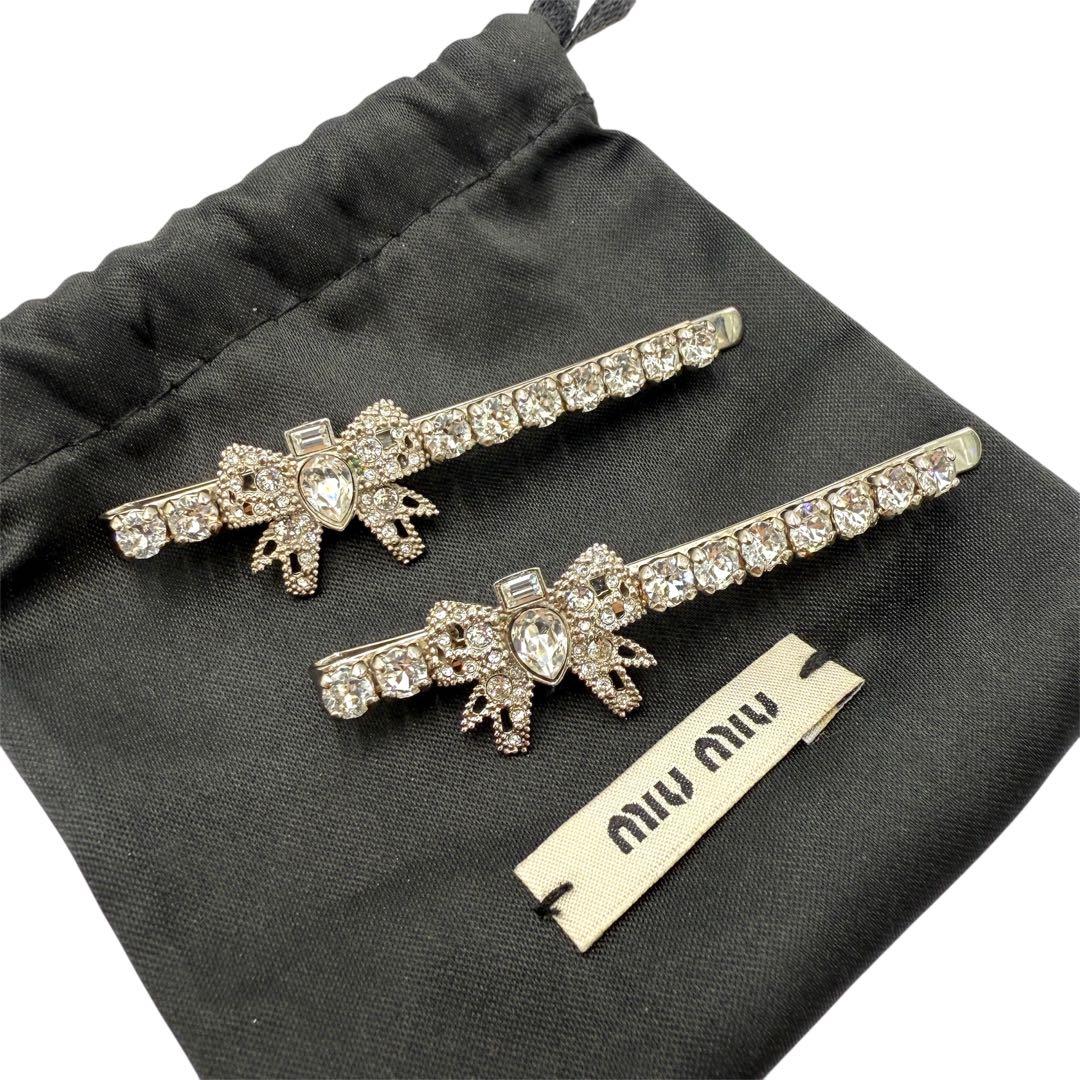 ミュウミュウ リボン ラインストーン ヘアピン ヘアアクセサリー シルバー