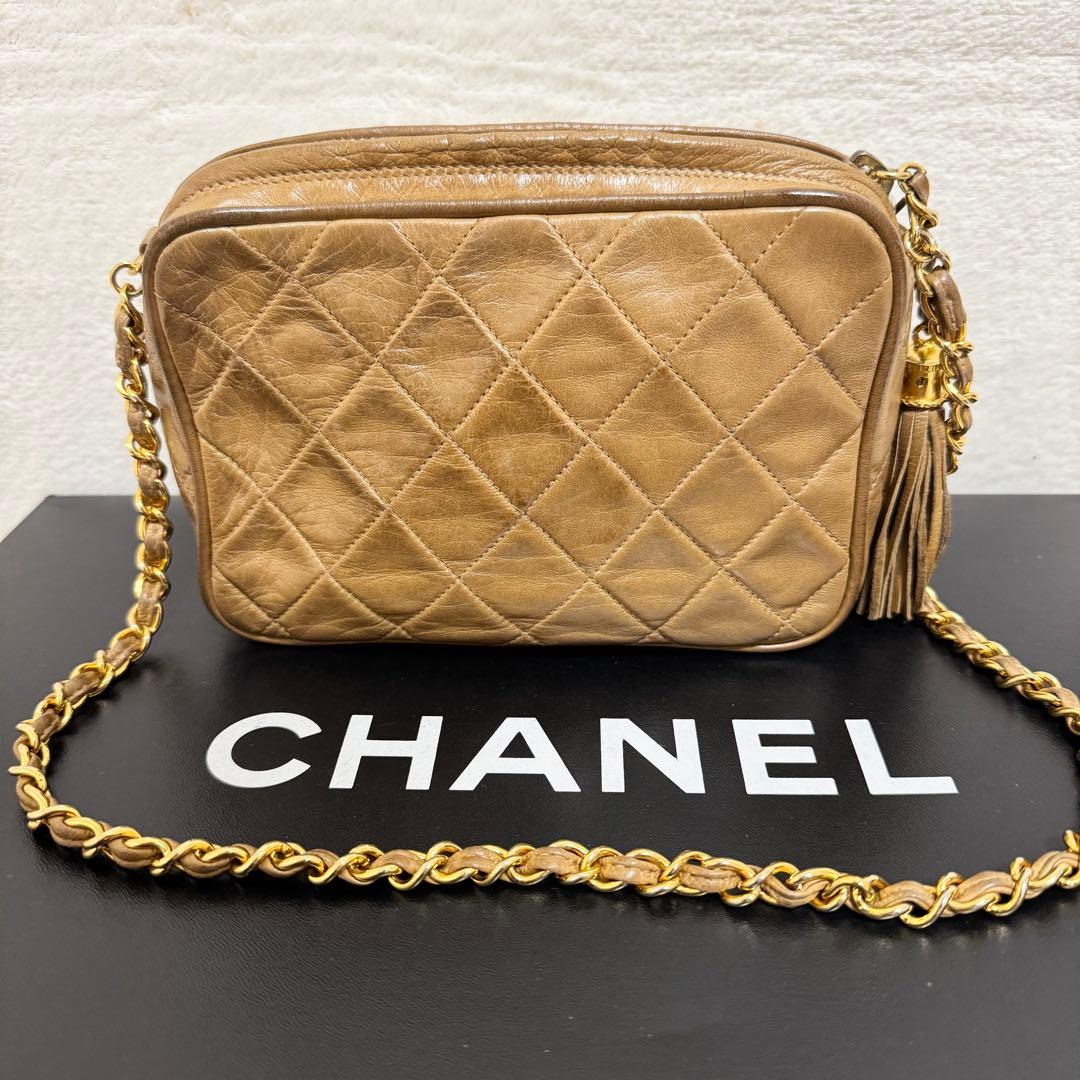 CHANEL シャネル チェーンショルダーバッグ ラムスキン フリンジ ベージュ