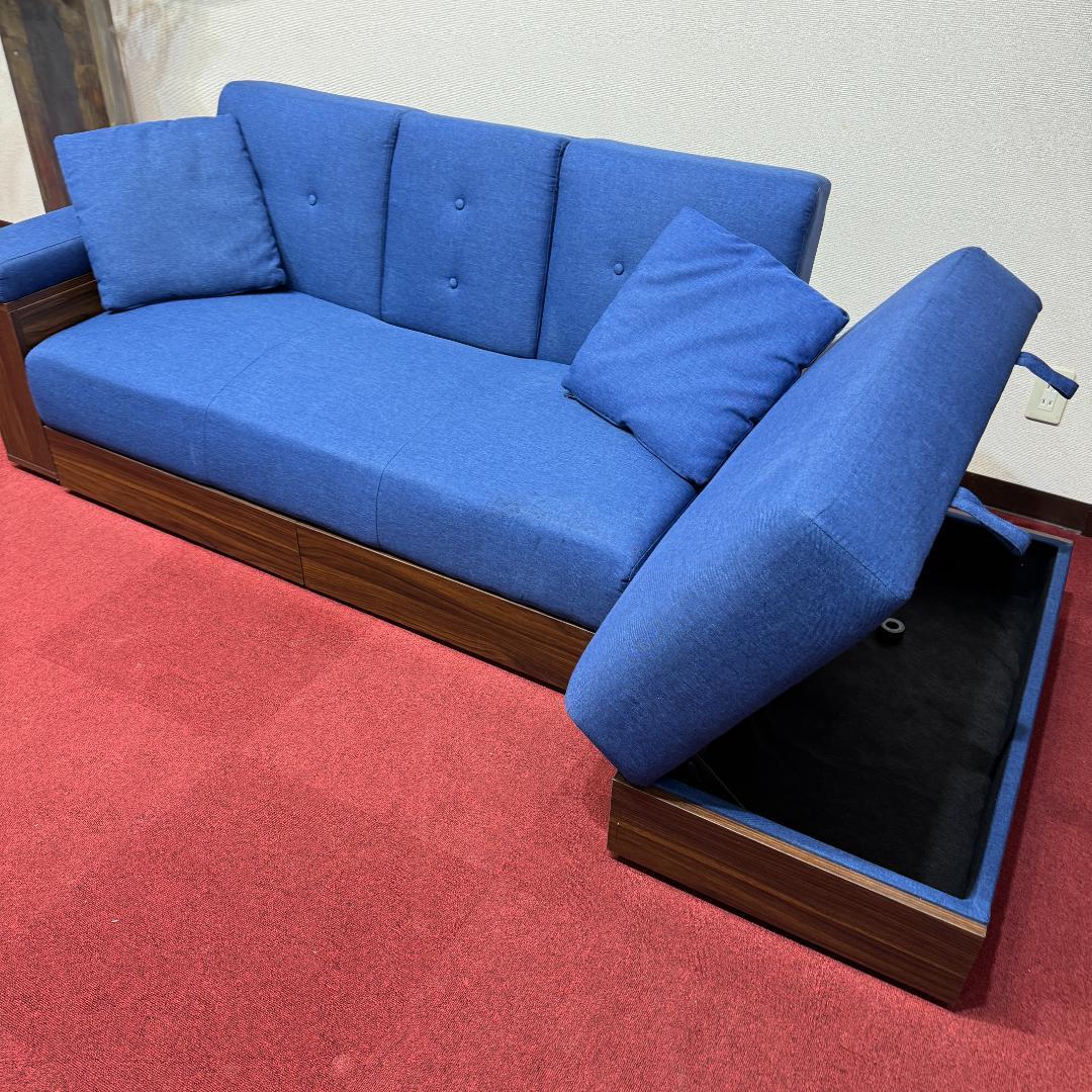 東京23区送料無料 美品モダンデコ二人掛けソファー／ベッド　収納有ネイビーブルー