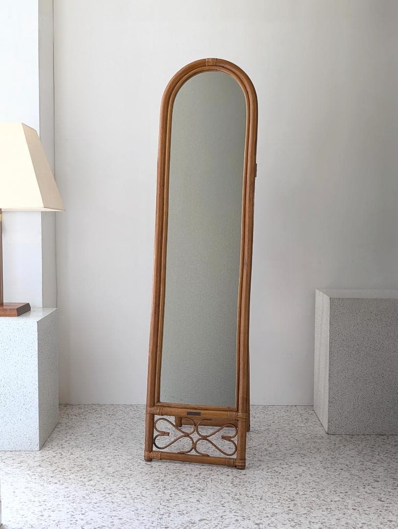 ラタン スタンドミラー 80s ビンテージ 壁掛け 2way 籐の姿見 レトロ