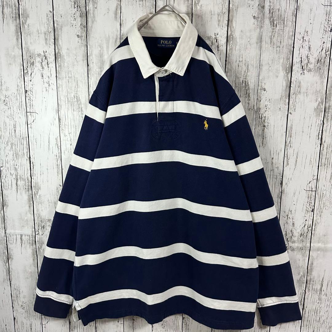【ポロラルフローレン☆ラガーシャツ】常田大希☆裏起毛☆XL☆紺　白　金ポニー刺繍