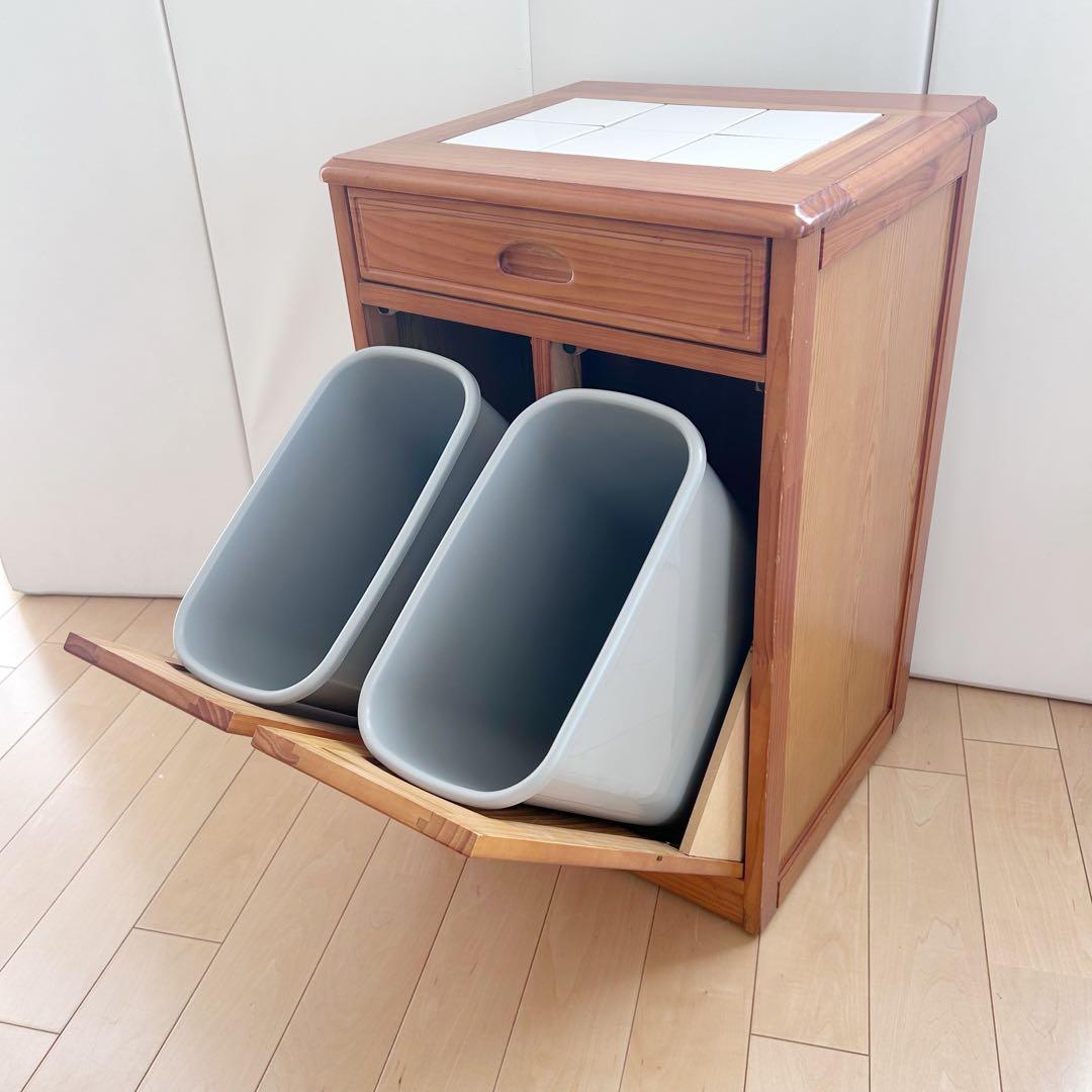 タイル　カントリーダストボックス　キャスター　パイン　2連引き出し　アンティーク