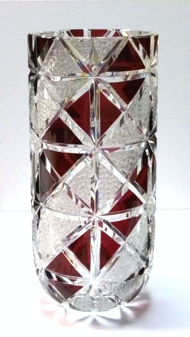 【 美品 】切子 菊繋ぎ クリスタル花瓶 銅赤