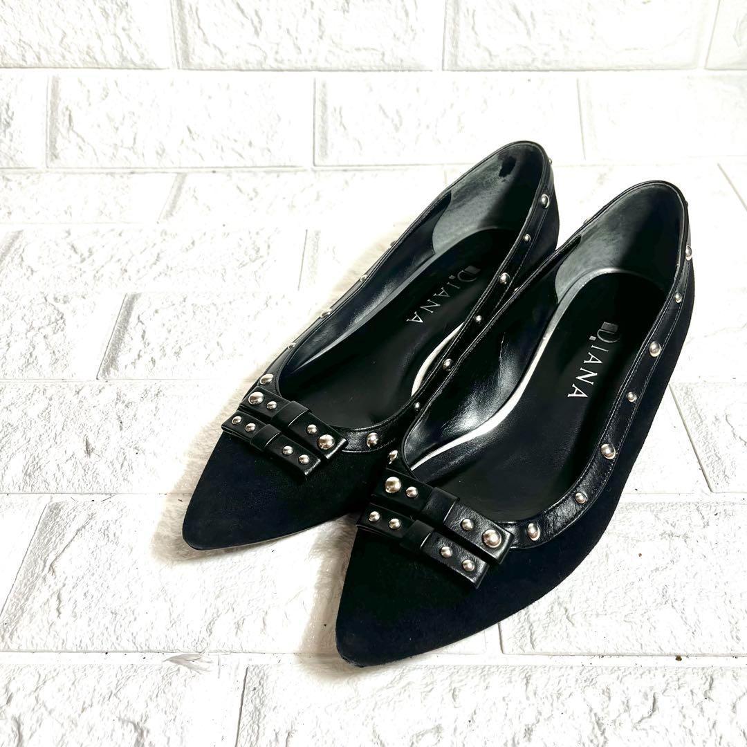 【美品】フラットパンプス　スタッズ　リボン　スエード