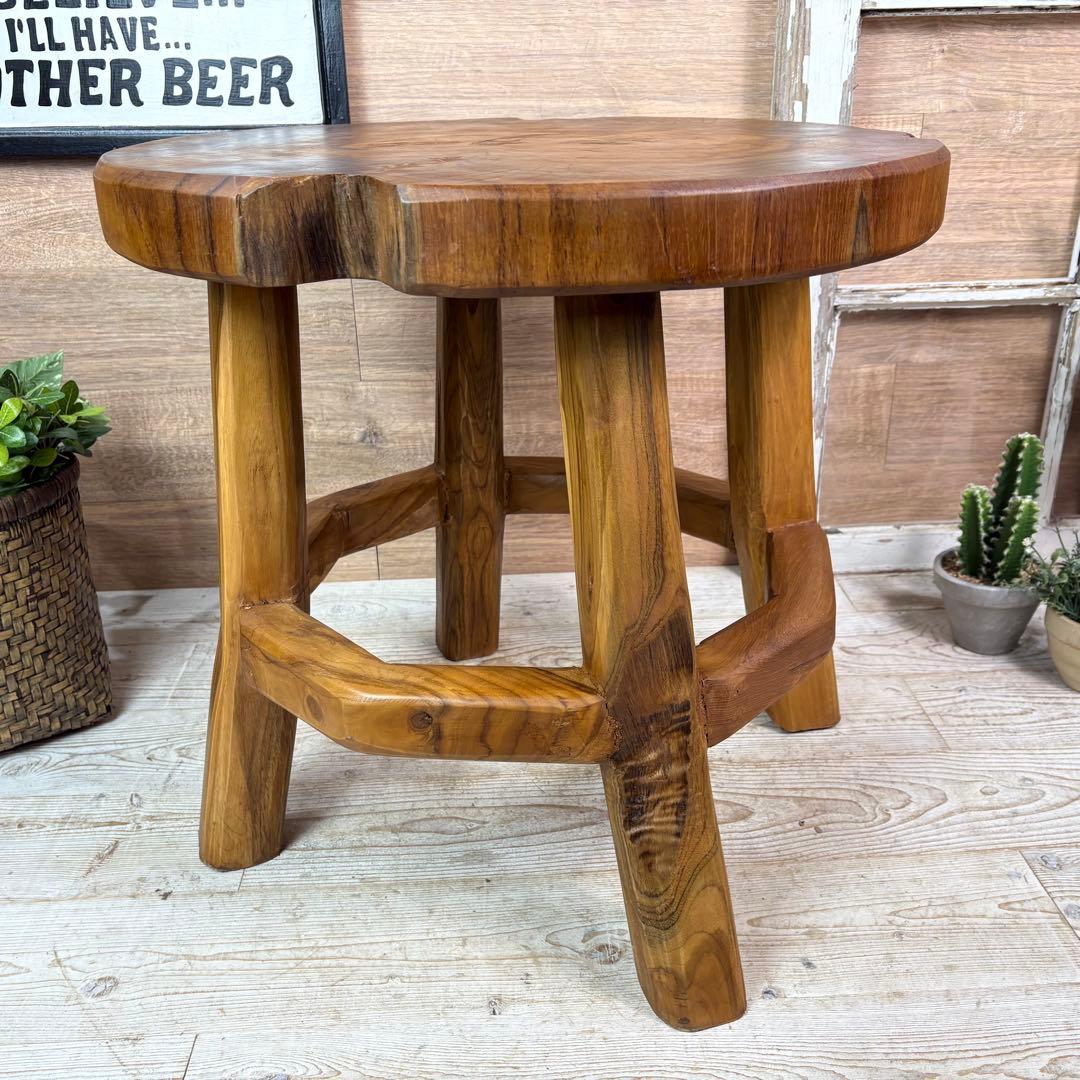 オールドチーク天然無垢材木製創作極太サイドテーブル L（直径55㎝）ウッド飾り台