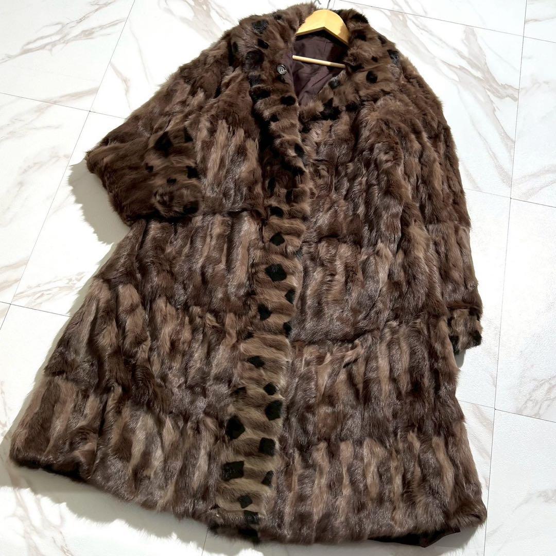 着丈約106cm✨ ロシアンリス ロングコート 本毛皮 デザイン入り ブラウン