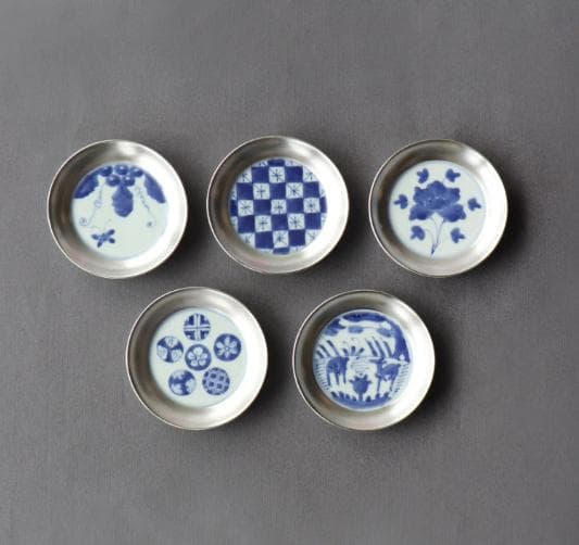 有田焼 福珠窯 銀彩染付 3.3寸段入 小皿（5枚セット）