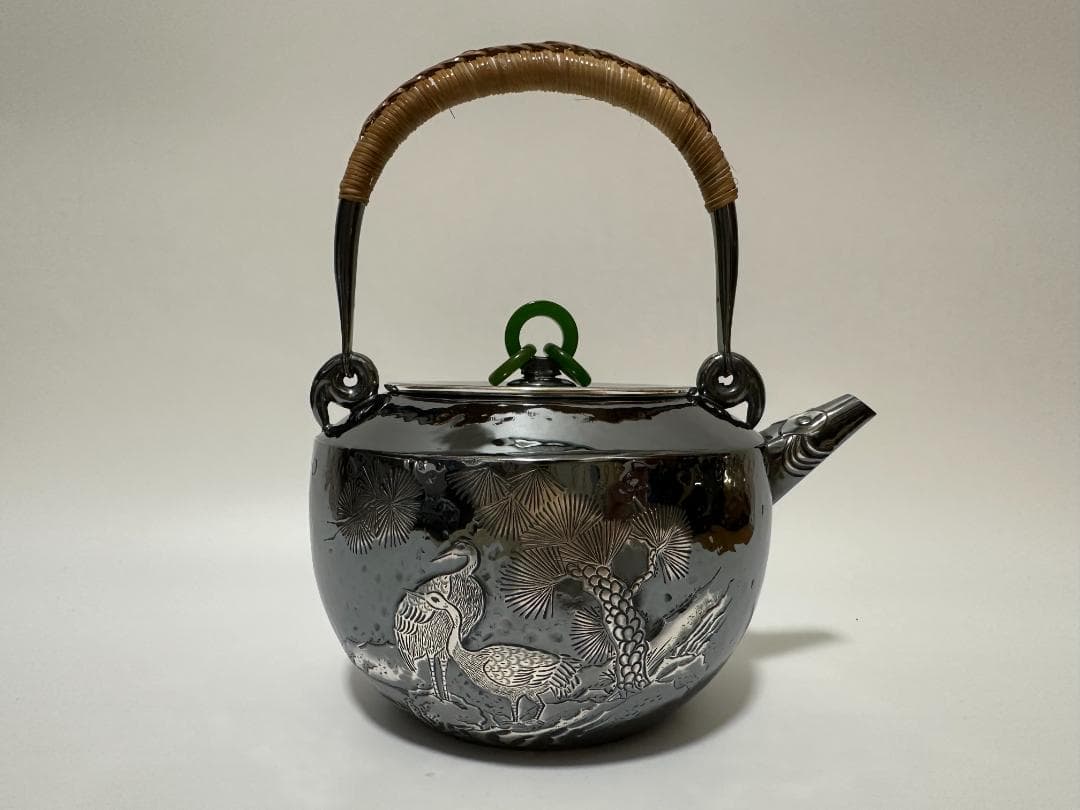 純銀製 浮彫漢詩 獣口湯沸 銀瓶 煎茶道具
