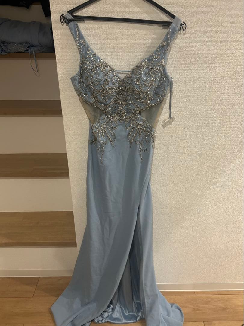 水色 ビーズ刺繍 ナイトドレス