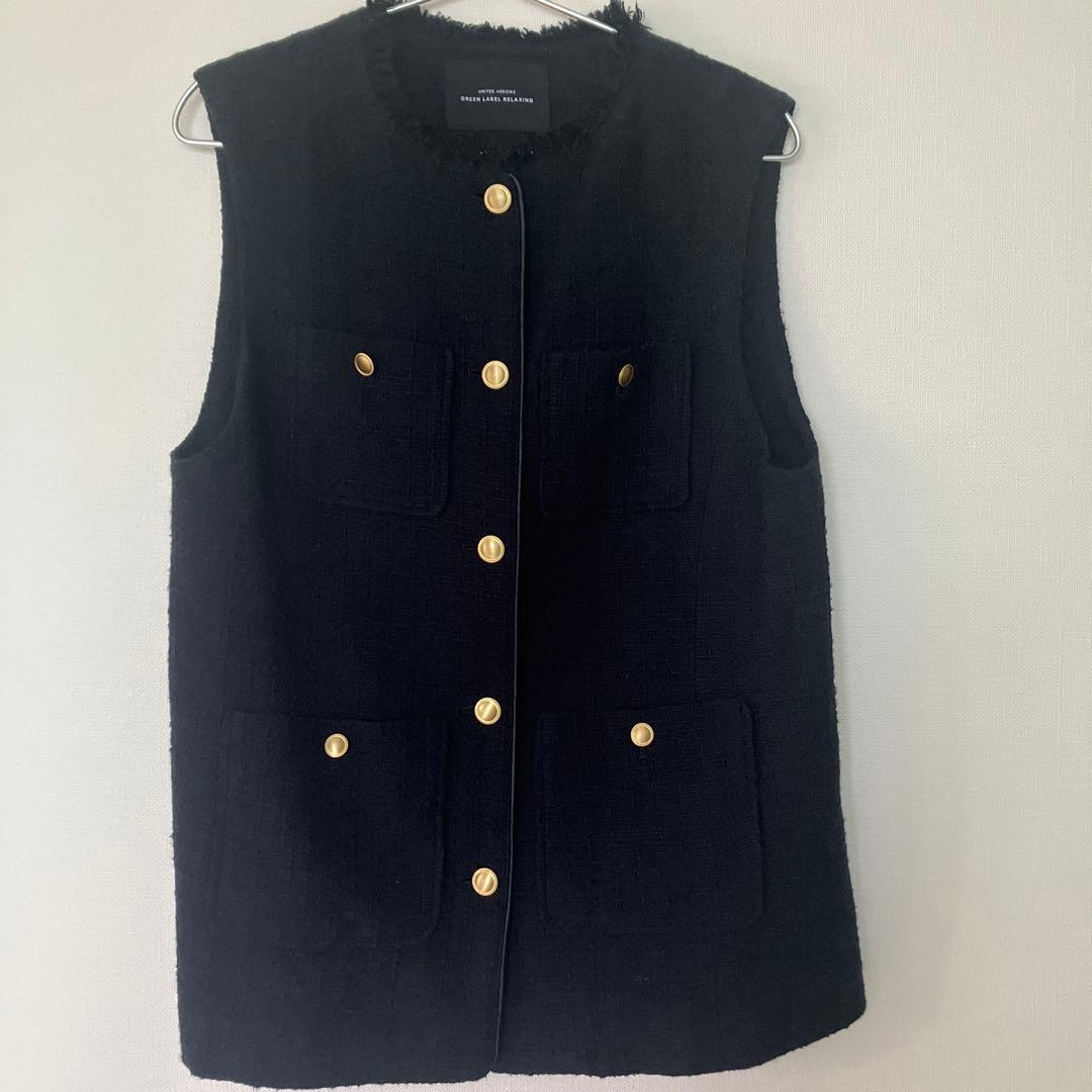 美品グリーンレーベルリラクシングツイード東原亜希ネイビーVERYジレ