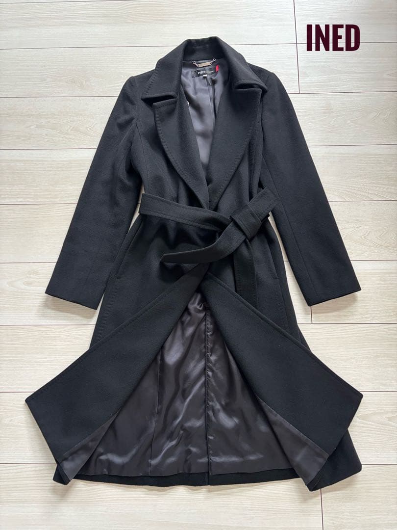 INED　カシミヤロングコート　ベルト付き　ブラック　11号　日本製　裏地付き