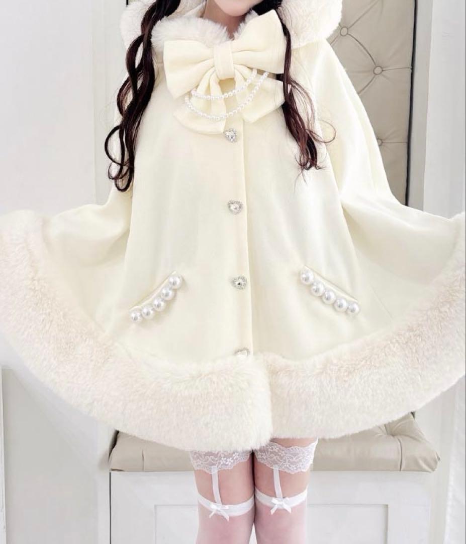 PrincessMelodyリボン付きボリュームファーフードケープコートホワイト