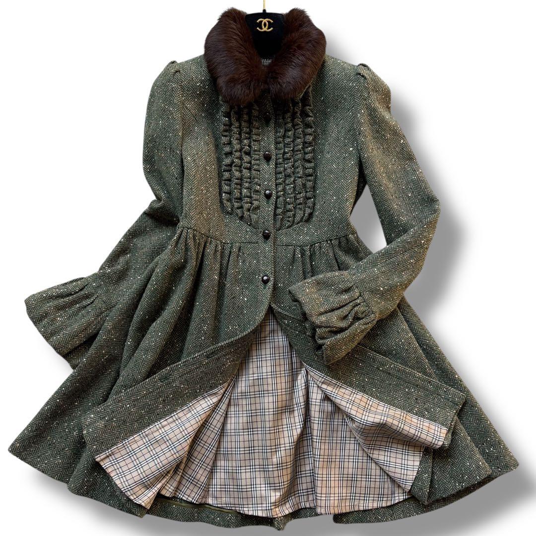 バーバリーブルーレーベル ロングコート ノバチェック ヘリンボーン ラビット