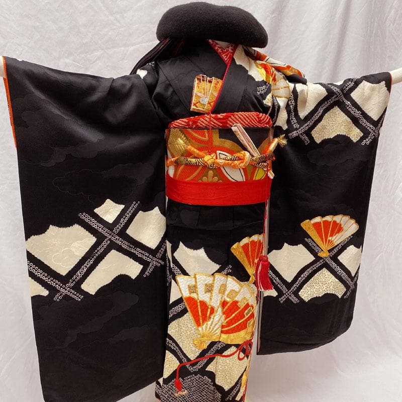 510ag36◎七五三 七歳 女児 着物&袋帯 部分絞り 金駒刺繍 刺繍 黒◎
