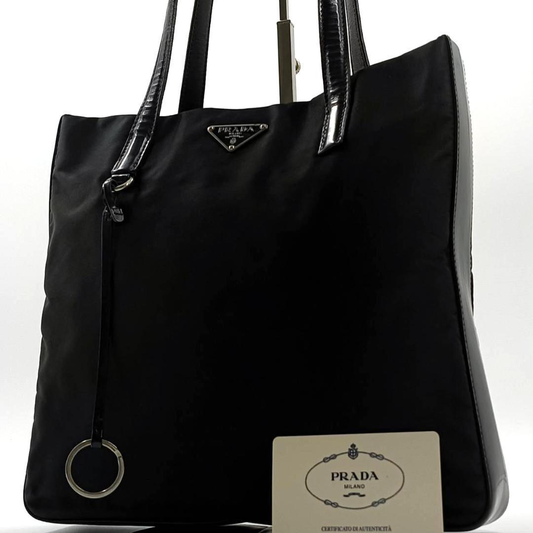 希少✨️プラダ　トートバッグ　三角ロゴ　ナイロン　レザー　金具　黒　白タグ
