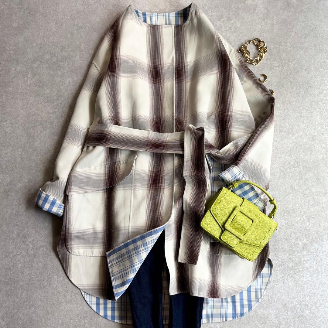 美品 シクラス 上質コットンシルクミドル丈コート チェック柄 リバーシブル