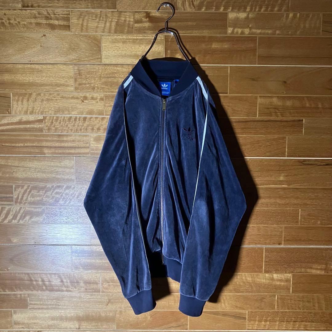 adidas ベロア　トラックジャケット　ジャージ　ネイビー　白　M〜L程