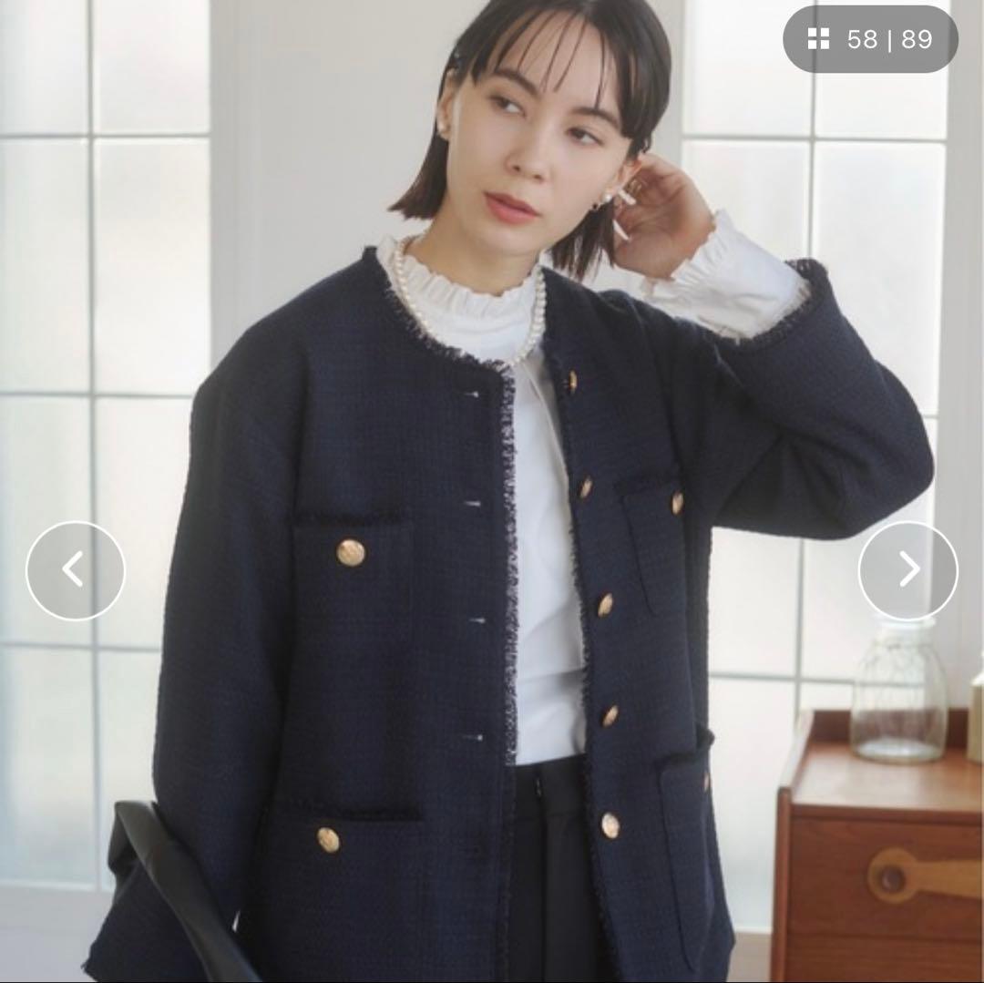 【オケージョン対応】ノーカラー ツイードジャケット