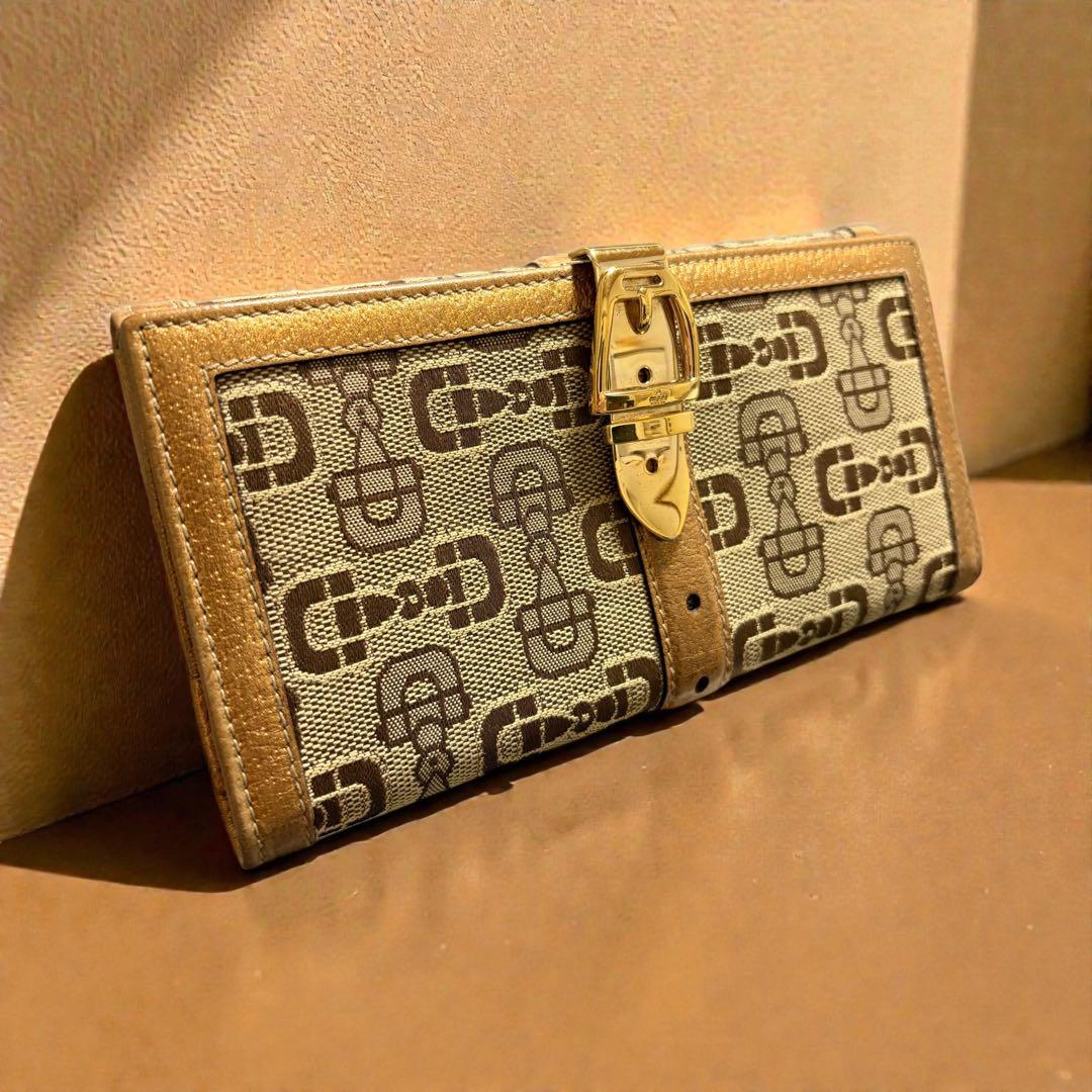 GUCCI グッチ 長財布 ホースビット ブラウン キャンバス ゴールドベルト