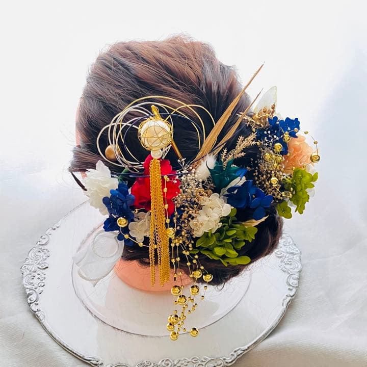 成人式髪飾り　結婚式髪飾り　パールチェーンタッセル　紫陽花水引　金箔　卒業式　袴