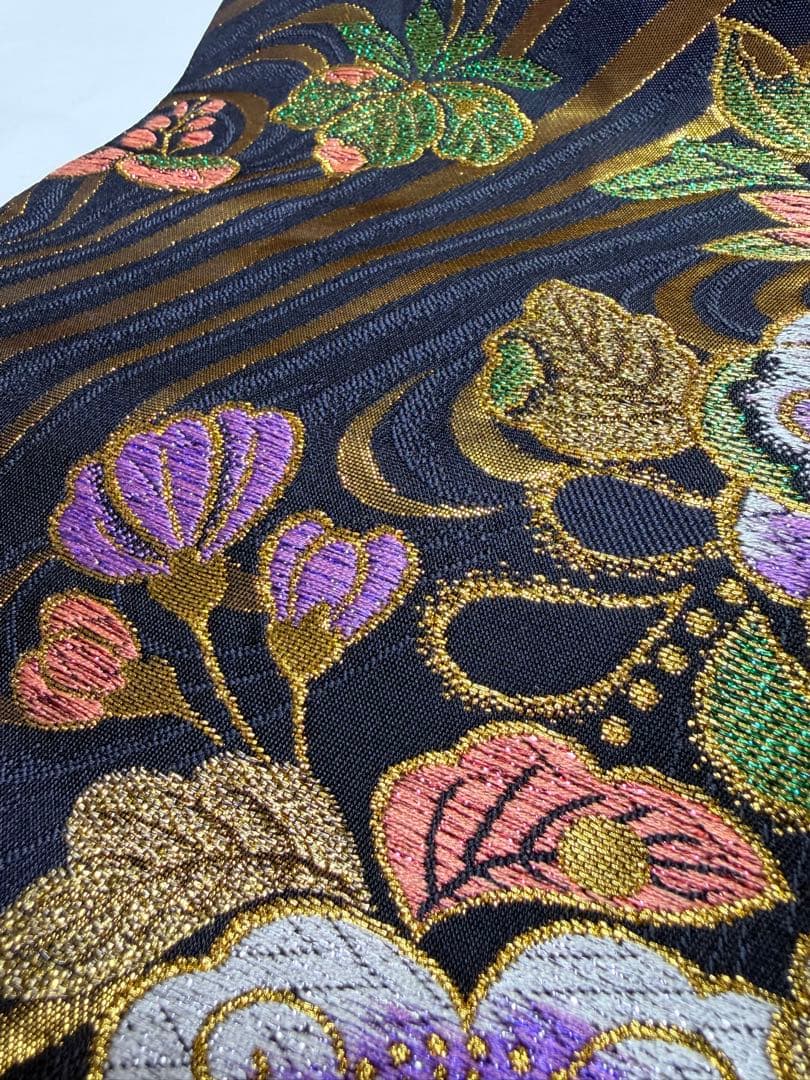 高級 袋帯 正絹 六通柄 辻が花 ブラック ゴールド 振袖 訪問着 色無地