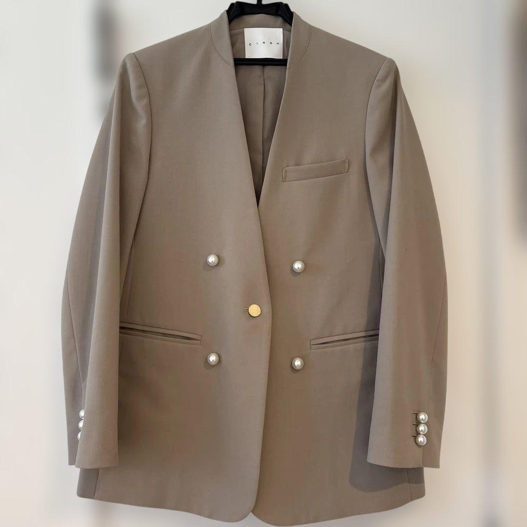 CINOH ノーカラーパールボタンジャケット ダブルブレスト　ベージュ