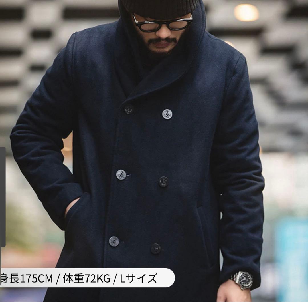 ダブルブレストショールカラーピーコート ダークネイビー　karaku