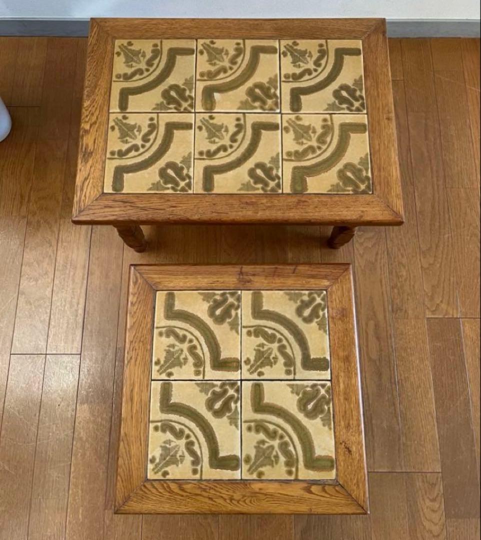 ヴィンテージ　ルーマニア　タイルトップ　ネストテーブル　オーク　サイドテーブル