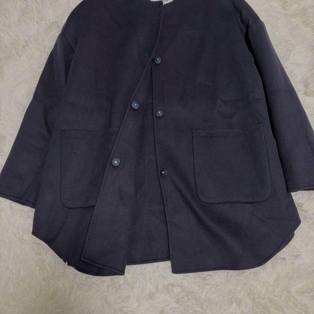 美品アーバンリサーチドアーズ　ウールノーカラーミドルコート　DOORS ネイビー