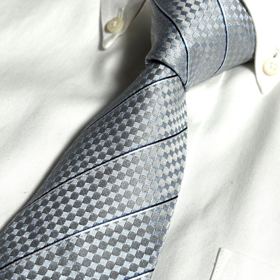 LOUIS VUITTON ネクタイ ブルー系 グレー ダミエ ストライプ