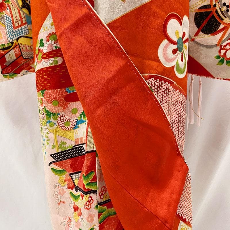 508ag86◎七五三 七歳 女児 アンティーク着物&丸帯 総柄 濃い朱色◎