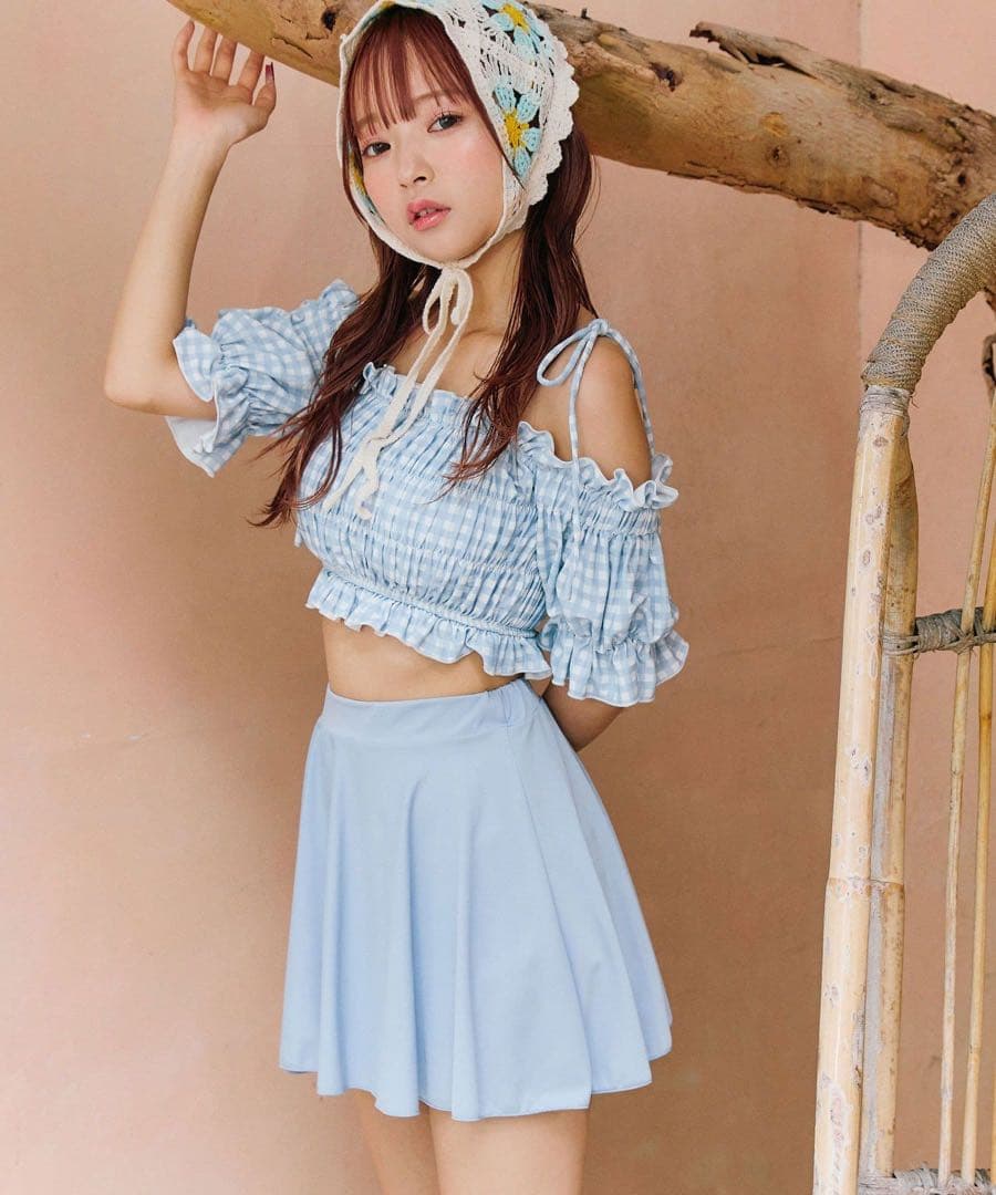 nice claup 3点セット　シャーリング 水色ギンガムチェック　水着