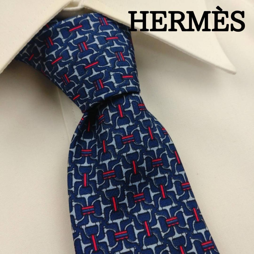 エルメス 高級シルクネクタイ 総柄 ネイビー