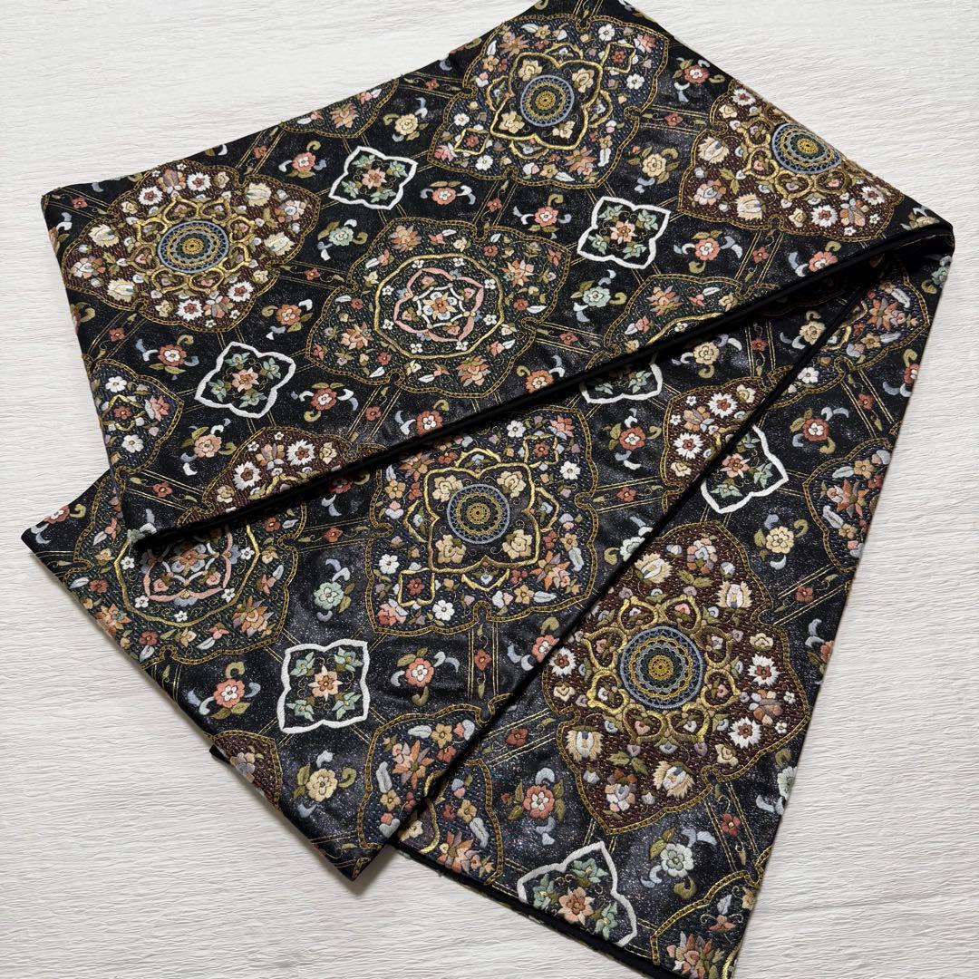 蘇州 汕頭 刺繍 菱華文 金糸 袋帯 正絹