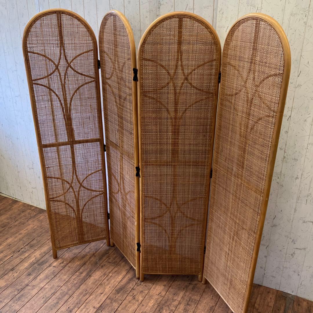 昭和レトロ エスニック ラタン 4連 パーテーション 間仕切り 仕切り アジアン