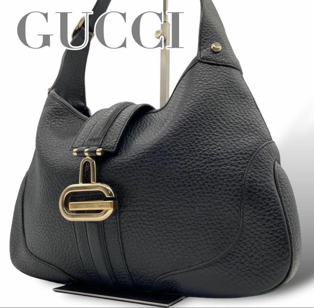 美品GUCCIグッチ ショルダー バッグ ホーボー シボ革 オールレザー
