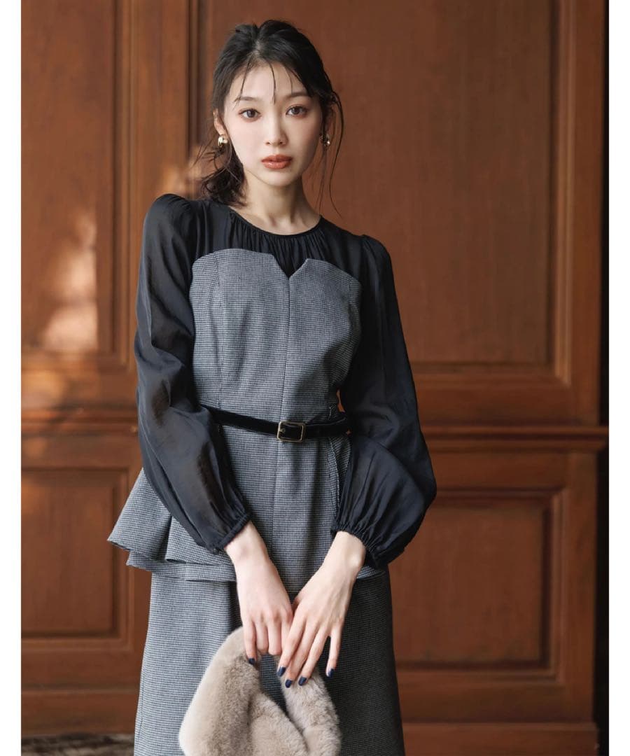 【訳アリ】Mystrada ペプラムコンビワンピース　千鳥　サイズM