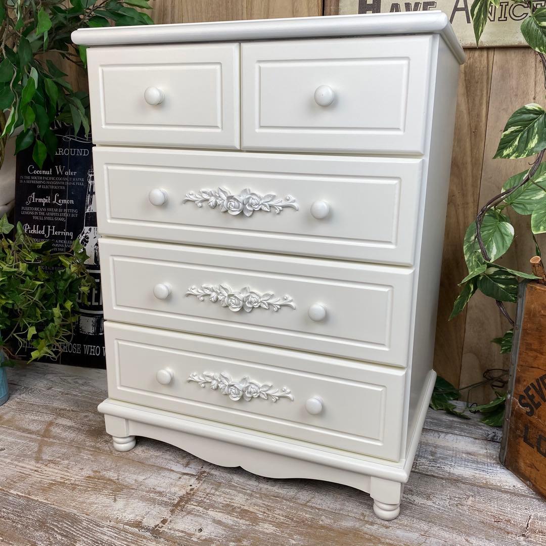 ピン1号⭐︎フレンチカントリー北欧調ホワイトチェスト四段五つ引き木製収納