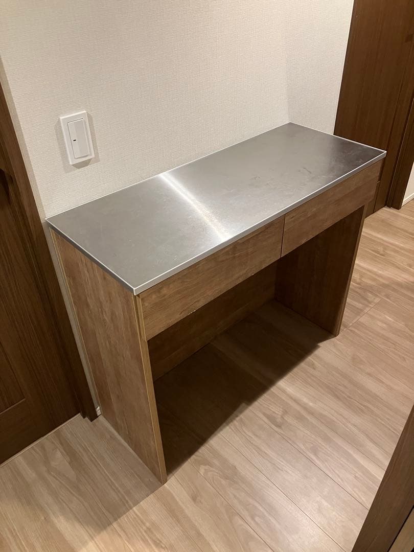 木製キッチンカウンター 金属天板付き