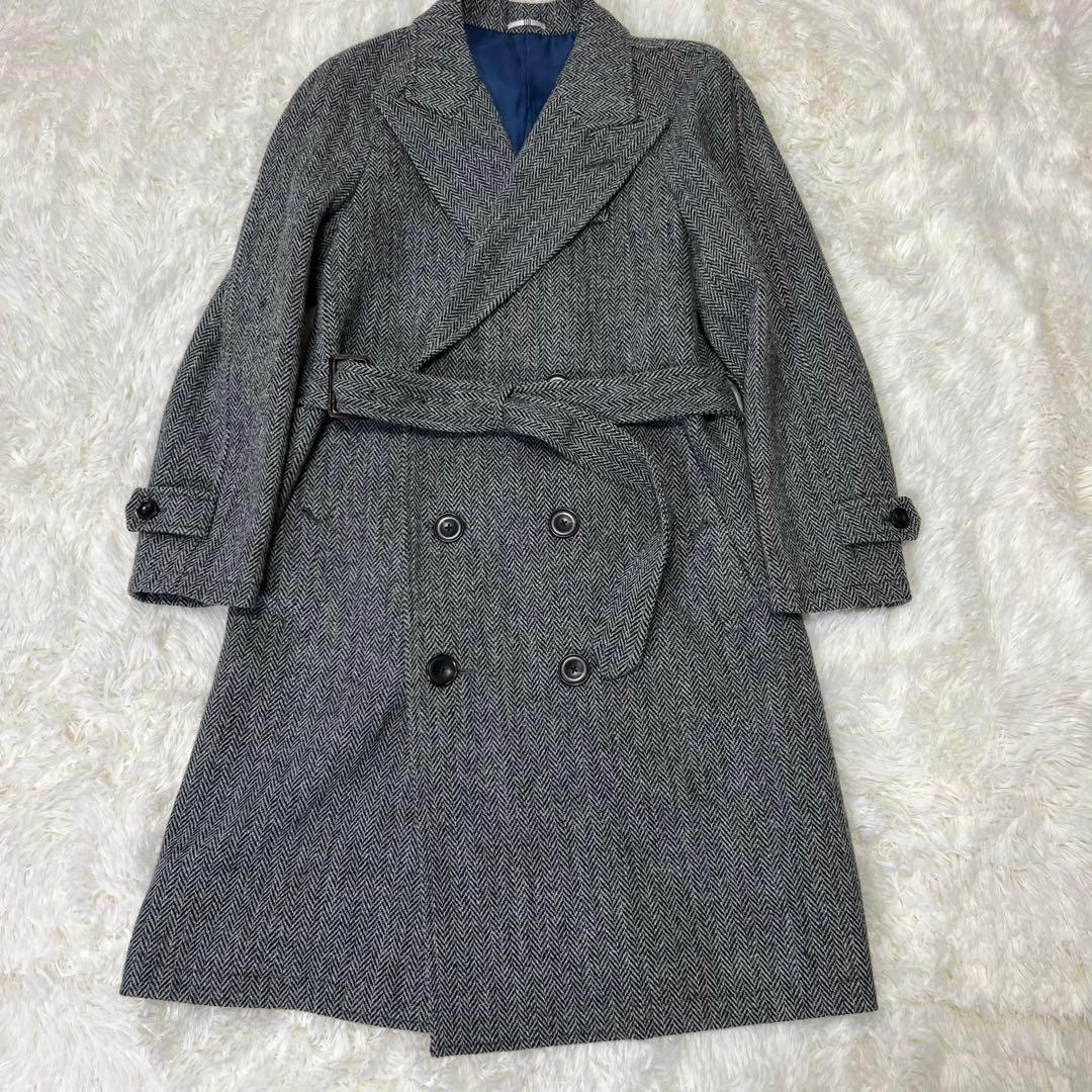 スーツセレクト×ハリスツイード ヘリンボーン 銀 ウールダブルトレンチコート