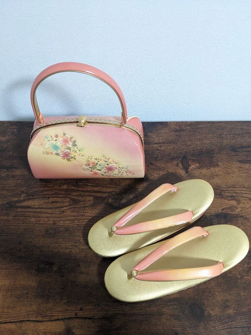 和装用 草履とバッグセット 花柄 パステルカラー ゴールド ピンク 山庄